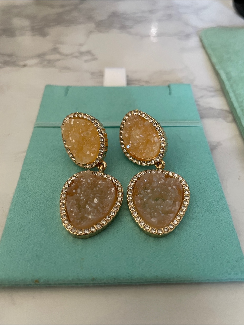 Gold-Tone Champagne Druzy Drop Earrings with Crystal Halo